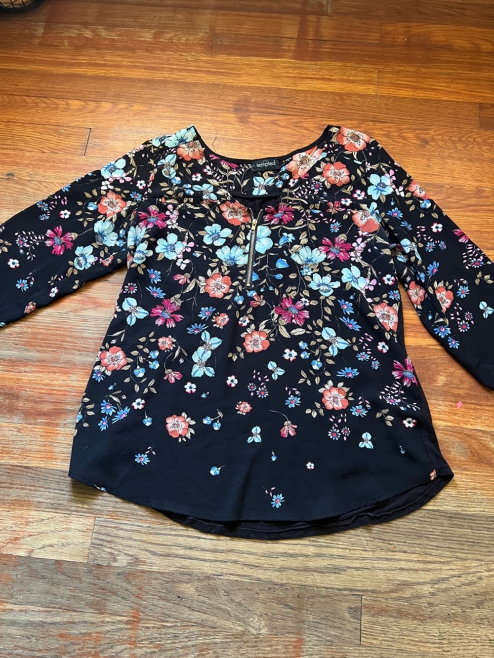 Tempted Black Floral Zip-Front Womens Blouse